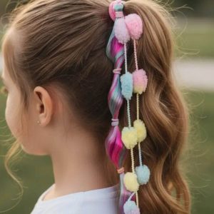 Ponponlu Renkli Saçlı Lastik Toka