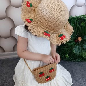 Kirazlı Hasır Çanta Şapka Set