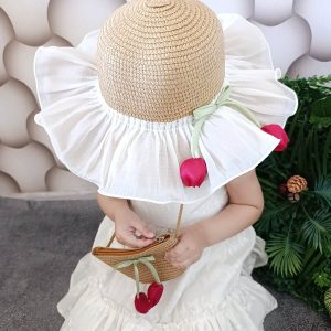 Laleli Hasır Çanta Şapka Set